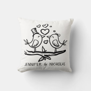 Almohada de boda de pájaros de amor negros y blanc
