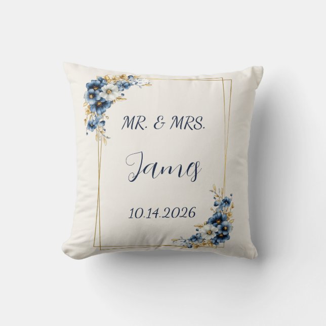 Almohada de boda floral oro azul (Anverso)