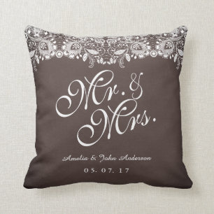 Almohada de boda Rustic Lace Sr. y Sra.