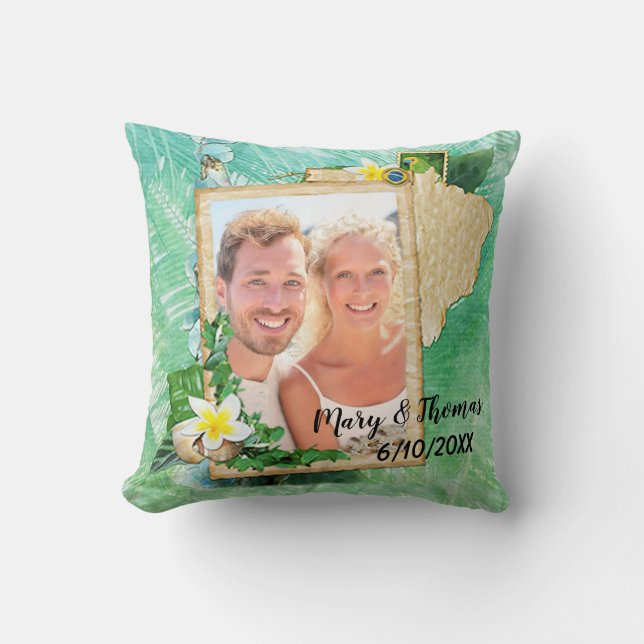 Almohada de boda tropical con foto (Anverso)