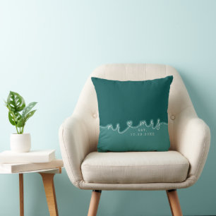 Almohada de boda verde azulado con guión de corazó