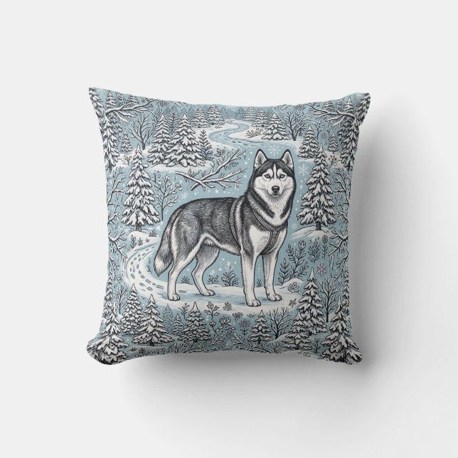 Almohada de bosque con Husky Siberiano (Anverso)