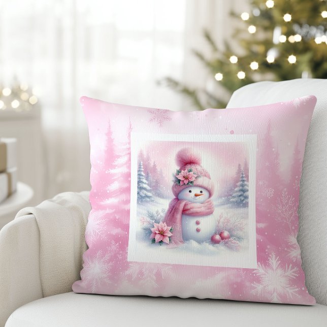 Almohada de bosque rosa soñador regalo de Pinkmas  (Dreamy Pink Forest Pillow Pinkmas Snowman Gift)