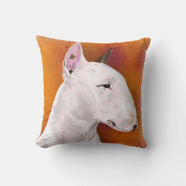 Almohada de bull terrier en fondo anaranjado (Anverso)