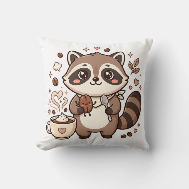 Almohada de café de mapache lindo para tirar (Anverso)