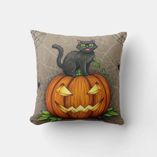 Almohada de calabaza de Halloween para gato negro  (Anverso)