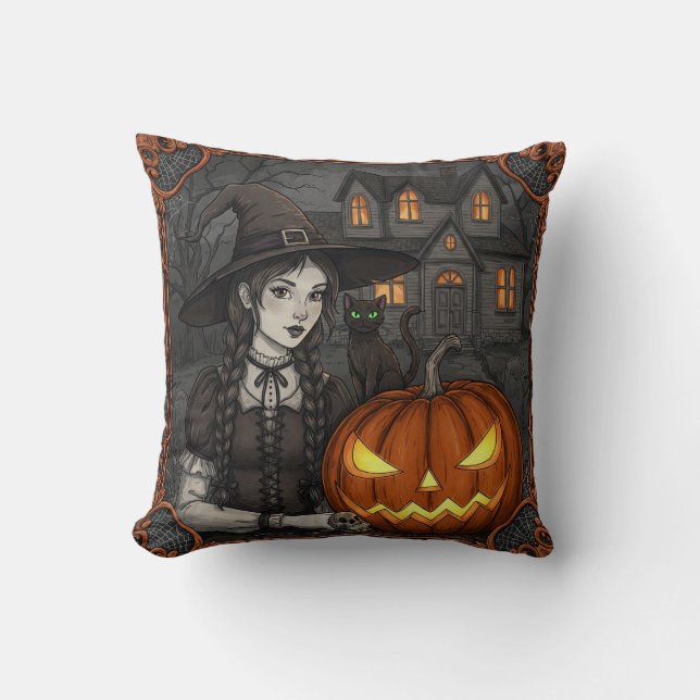 Almohada de calabaza de Halloween para gato negro  (Anverso)
