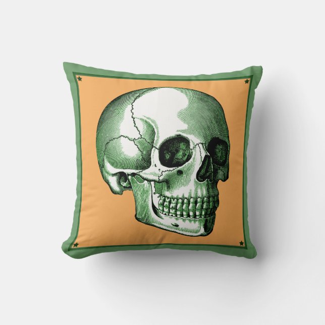 Almohada de calavera verde y mandarina vista later (Anverso)
