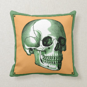 Almohada de calavera verde y mandarina vista later