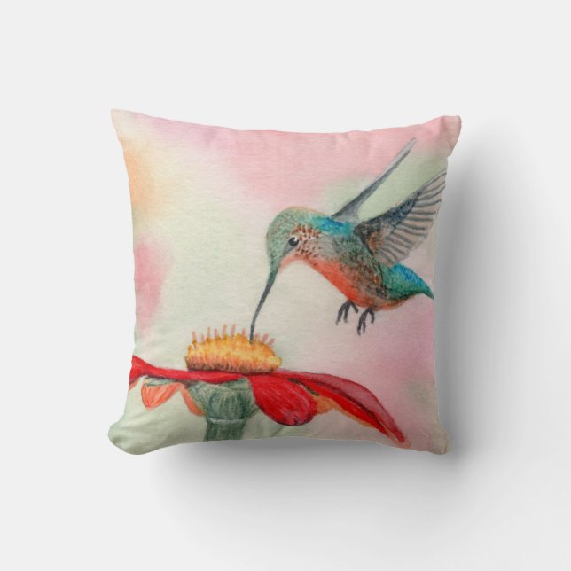Almohada de cojín de colibrí arte acuarela (Anverso)
