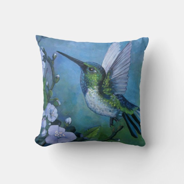 Almohada de colibrí azul flores suaves explosión d (Anverso)