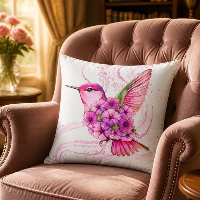 Almohada de colibrí floral rosa (Subido por el creador)