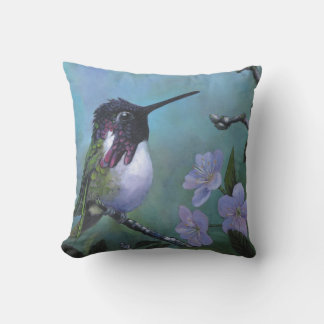 Almohada de colibrí lindo flores azules rama