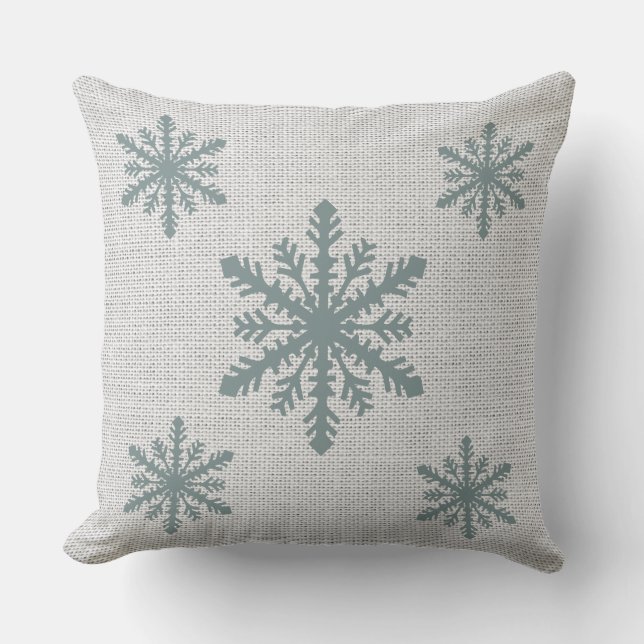 Almohada de copos de nieve/renos de Burlap Aqua (Anverso)