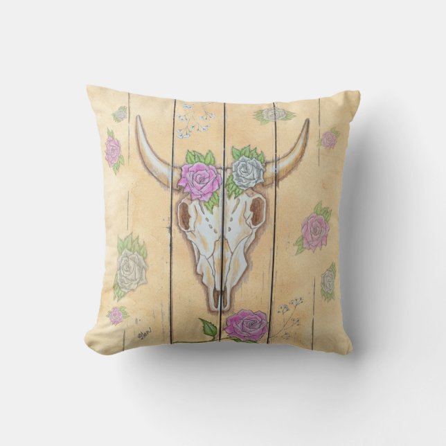 Almohada de Cráneo de Vaca y Rosas - Arena Beige (Anverso)