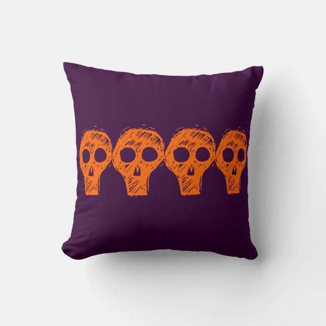 almohada de cráneo morado y naranja de Halloween (Anverso)