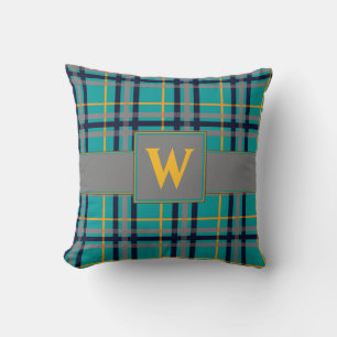 Almohada de cuadros azules y naranjas