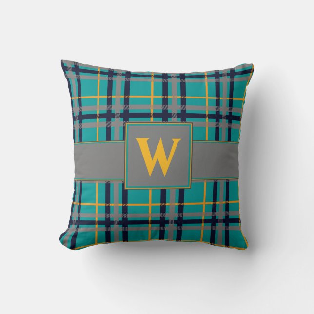 Almohada de cuadros azules y naranjas (Anverso)