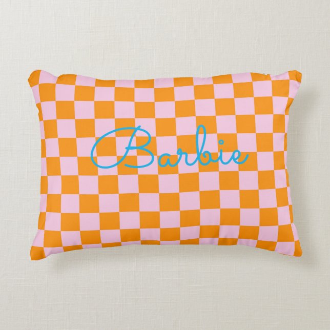 Almohada de cuadros moderna rosa naranja azul NOMB (Anverso)