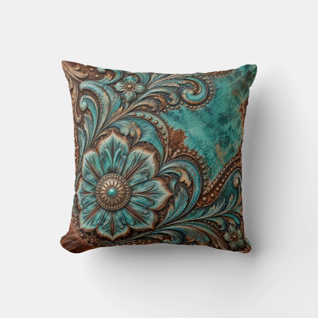Almohada de cuero occidental con flores de turques (Anverso)