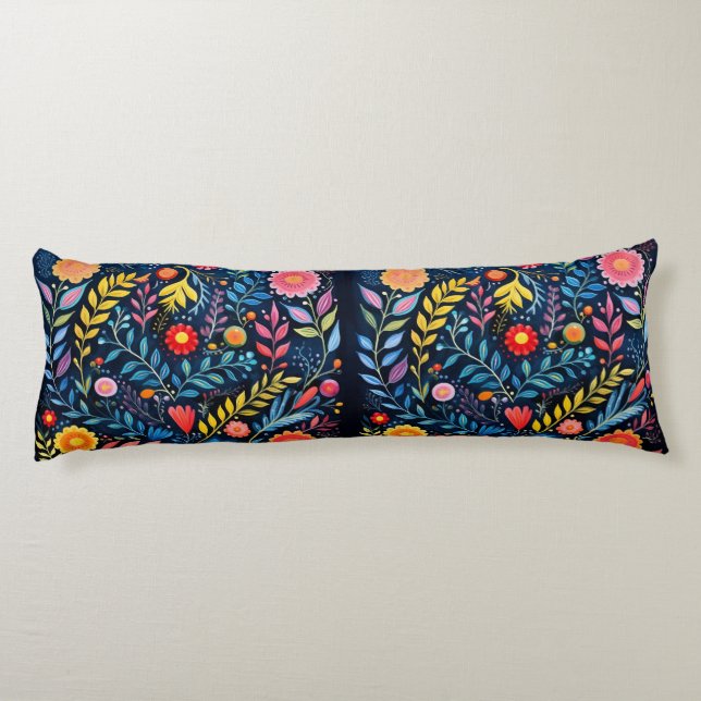 almohada de cuerpo floral de tapiz azul tribal mex (Reverso)
