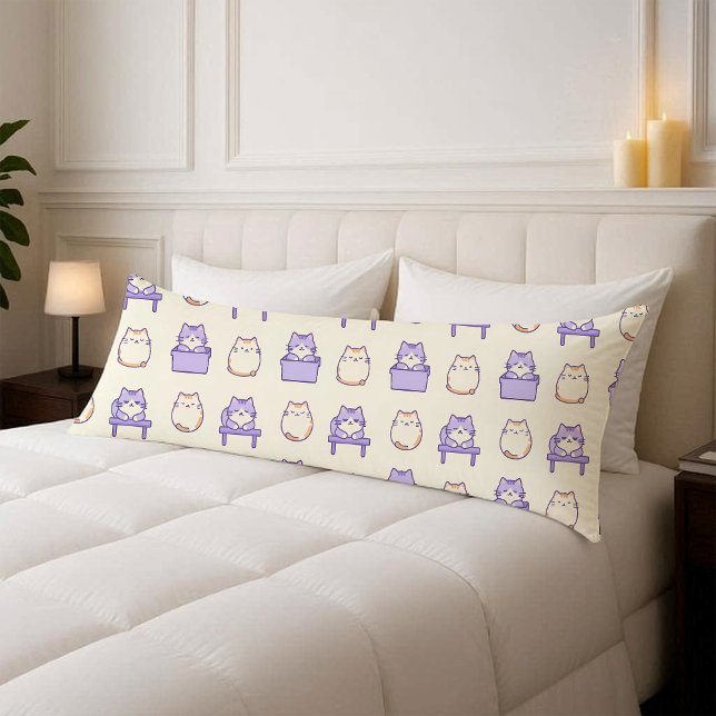 Almohada de cuerpo pastel de gato gordito lavanda  (Kawaii Lavender Chonky Cat Pastel Body Pillow Cover)
