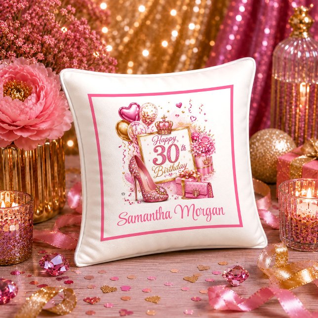 Almohada de cumpleaños 30º con brillo rosa diverti (Playful Hot Pink Sparkle 30th Birthday Pillow

)
