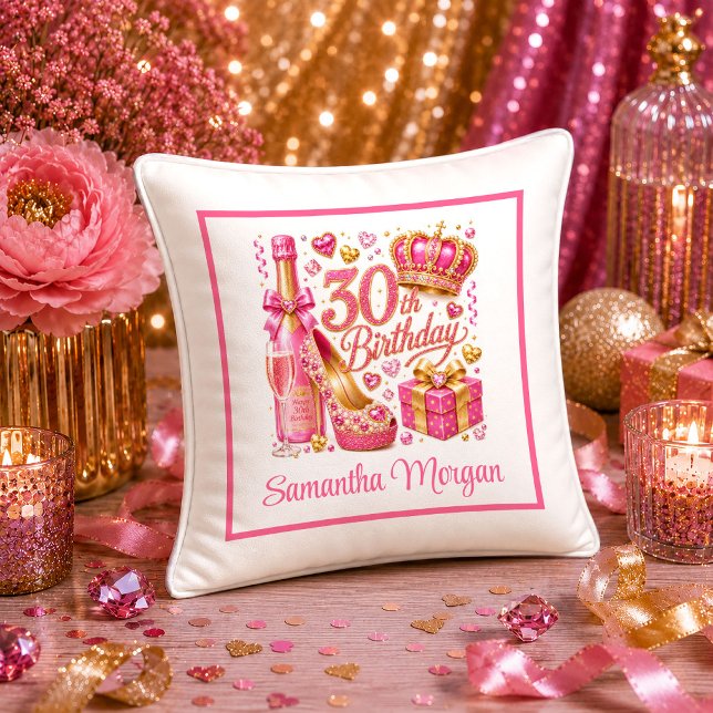 Almohada de Cumpleaños 30 Glitter Dorado Magenta I (Bold Magenta Gold Glitter 30th Birthday Pillow

)