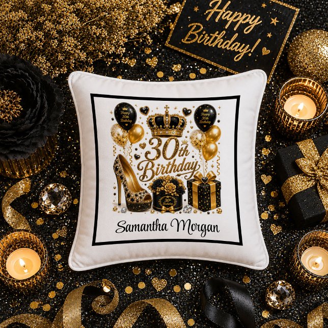 Almohada de cumpleaños 30 Glitter Luxe Negro Oro (Gold Black Glitter Luxe 30th Birthday Pillow)