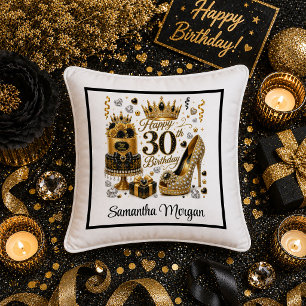 Almohada de cumpleaños 30 Gold Black Luxe Sparkle