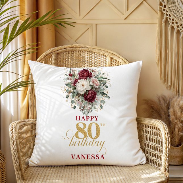 Almohada de cumpleaños 80 en tono burdeos con rubo (Maroon Blush Burgundy 80th Birthday Pillow)