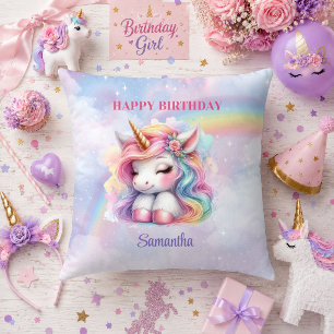 Almohada de cumpleaños de niña unicornio rosa púrp