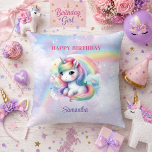 Almohada de cumpleaños de niña unicornio rosa púrp