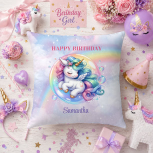 Almohada de cumpleaños de niña unicornio rosa púrp