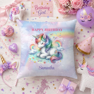 Almohada de cumpleaños de niña unicornio rosa púrp