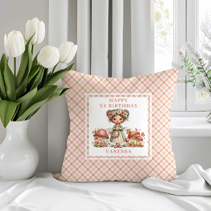 Almohada de Cumpleaños Floral Rosa de Hada Dichosa