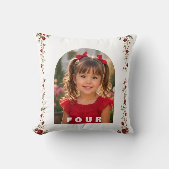 Almohada de cumpleaños número 4 para niña con foto (Anverso)
