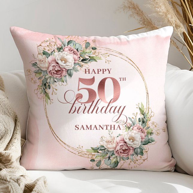 Almohada de cumpleaños número 50 rosa floral dorad (Blush Pink Floral Rose Gold 50th Birthday Pillow Gift)