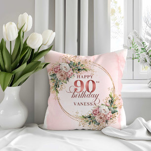 Almohada de cumpleaños número 90 con flores polvor