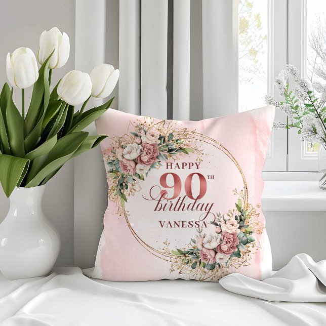 Almohada de cumpleaños número 90 con flores rosada (Rose Gold Light Pink Floral 90th Birthday Pillow)