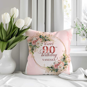 Almohada de cumpleaños número 90 con flores rosada