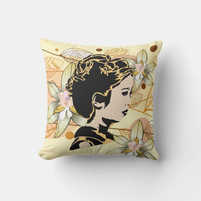 Almohada de Dama Asiática y Hojas de Otoño (Anverso)