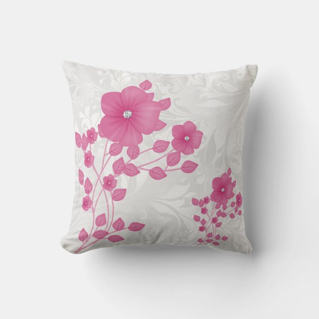 Almohada de Damasco Blanco y Flores Rosas (Anverso)