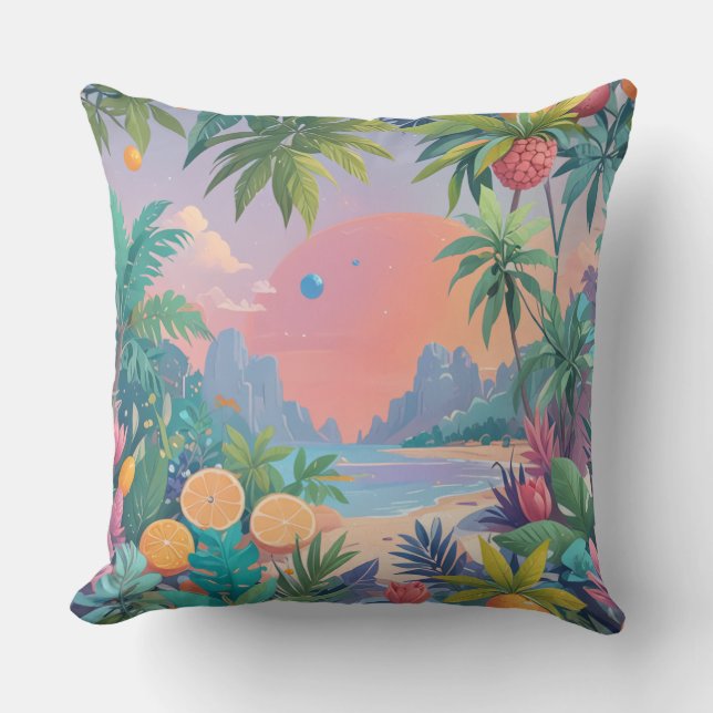 almohada de diseño de playa y frutas tropicales (Anverso)