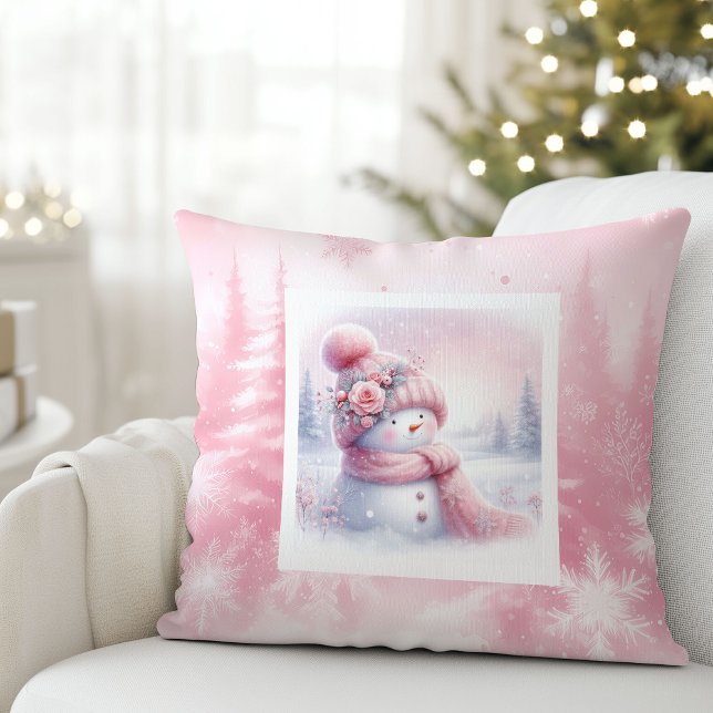 Almohada de escena invernal brillante de muñeco de (Pink Forest Snowman Bright Winter Scene Cushion)