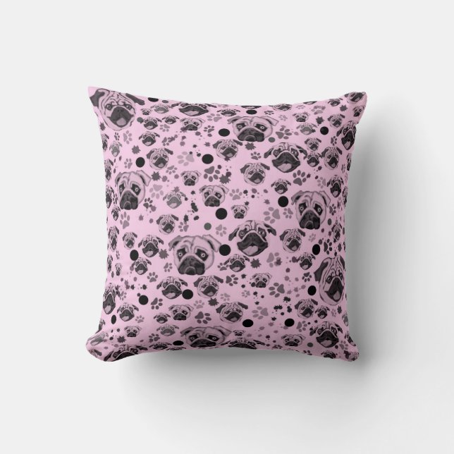 Almohada de estampado de pug rosa (Anverso)