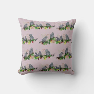 Almohada de fiesta de loro gris africano (rosa pol