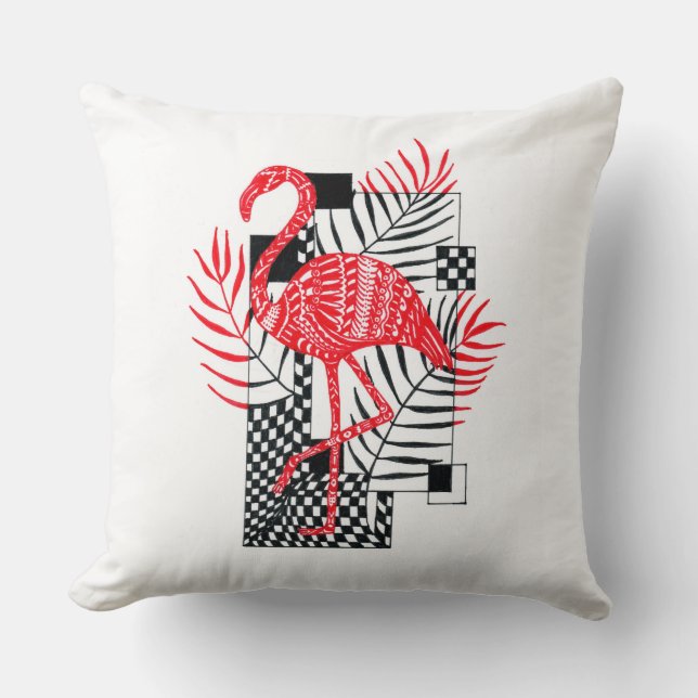 Almohada de Flamingo Rosa y Hojas Tropicales - S (Anverso)