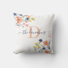 Almohada de flor silvestre de acuarela con monogra