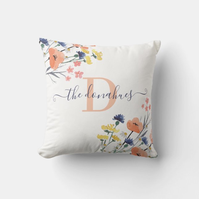 Almohada de flor silvestre de acuarela con monogra (Anverso)